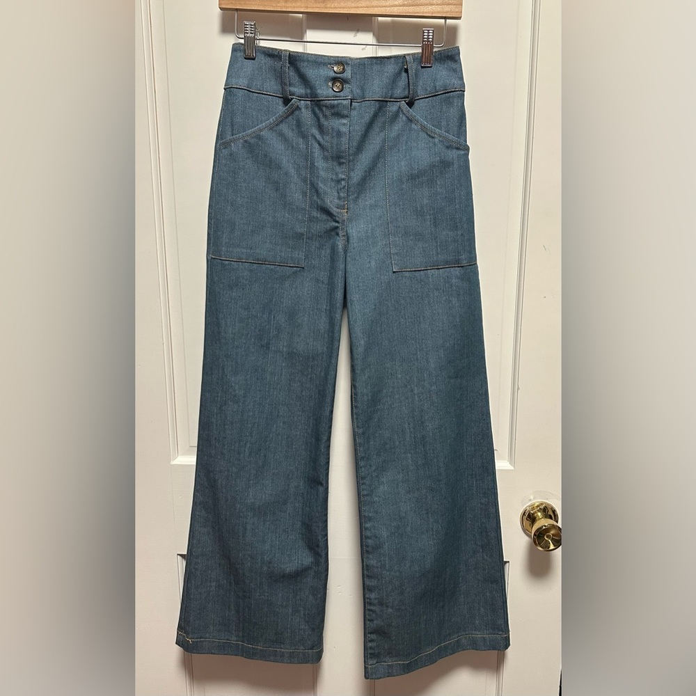 Self Contrast Aria Hi-Waist Denim Pants Wide Leg w/ Contrast Stitching Women’s S